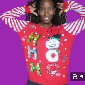 Ho ho ho snowman snowflake ugly christmas sweater in red and white. L or XL